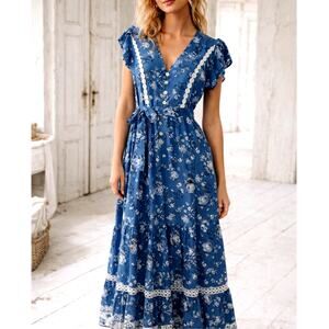 C+D+M Floral Maxi Dress Blue & White Ruffle Women's Sz. M Cottage Core Coquette